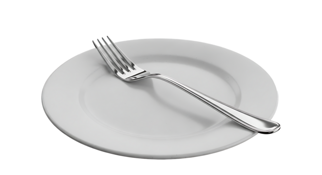 A clean white dinner plate with a silver fork resting on its surface isolated on transparent background