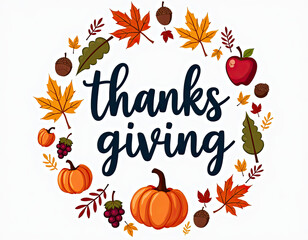 A vibrant autumn wreath surrounds festive thanks giving text. Colorful leaves, pumpkins, grapes, and acorns celebrate the harvest season with warm wishes.