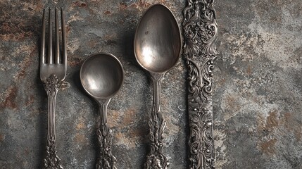 Vintage Silverware Fork Spoon Knife Set on Rustic Surface
