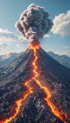 a dramatic view of a volcanic eruption with lava flowing down the slopes of a towering mountain under a cloudy blue sky.