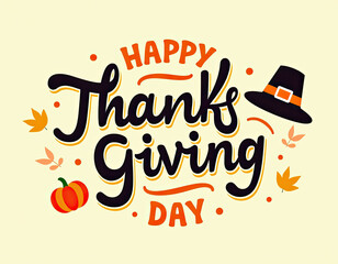A vibrant illustration displays Happy Thanks Giving Day text, with colorful fall leaves and a festive pumpkin, conveying a message of gratitude.