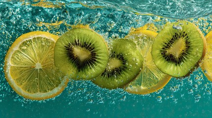 Fresh Kiwi and Lemon Slices Underwater Splash in Bright Natural Light