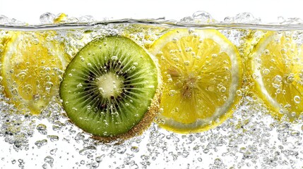 Fresh Kiwi and Lemon Slices Floating in Sparkling Water with Bubbles