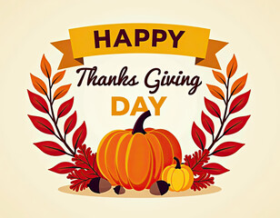 An illustration presents seasonal autumn elements, including bright pumpkins, colorful leaves, and acorns, symbolizing thanks and giving for a happy celebration day.