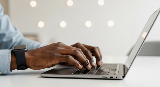Close up of african american man typing on laptop with smartwatch in modern workspace featuring soft ambient lighting - Powered by Adobe