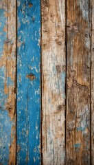 Fototapeta premium a close-up of weathered wooden planks featuring a central strip of chipped blue paint contrasted with surrounding brown and tan wood grain.
