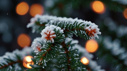 Closeup of Frosty Fir Tree Branch with Snow and Warm Bokeh Christmas Lights_8