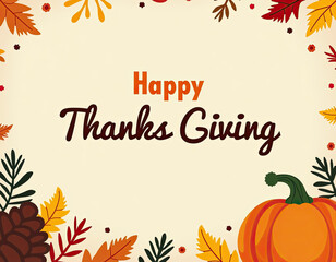 A vibrant autumn illustration for Thanksgiving featuring colorful leaves, a large orange pumpkin, and a joyful message of thanks and giving.