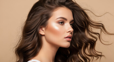 Naklejka premium Elegant young woman with glowing skin and voluminous wavy hair on beige background showcasing highlighted natural makeup