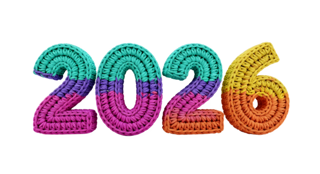 Colorful knitted numbers 2026 isolated on transparent background