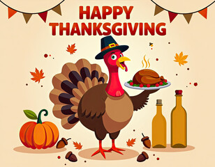 A joyful cartoon turkey wearing a hat proudly presents a roasted feast, celebrating the autumn harvest holiday of Thanksgiving with colorful falling leaves.