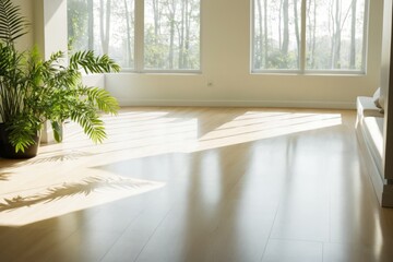 Fototapeta premium Sonnendurchflutetes Wohnzimmer mit großen Pflanzen