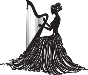 Black and white vector illustration of elegant figure playing harp in flowing gown and classical silhouette