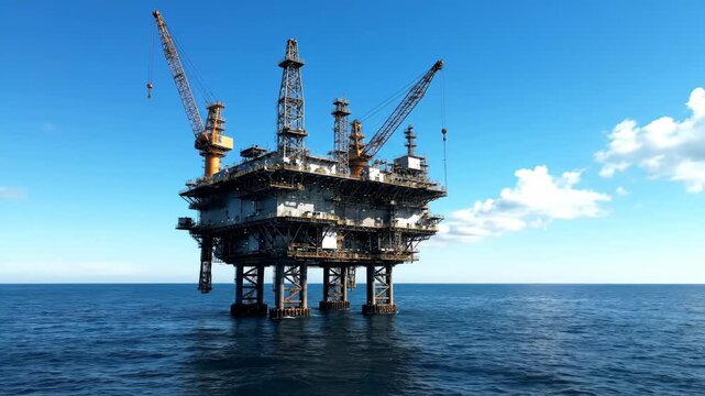 Offshore oil rig structure in bright blue ocean and clear sky