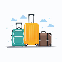 Three Stylish Suitcases in Teal, Yellow, and Brown with Clouds and Sparkles Representing Travel Preparation and Vacation Mood