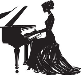 Elegant woman playing grand piano vector illustration in black and white silhouette style