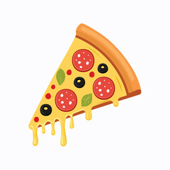 Cartoon Pizza Slice with Melting Cheese, Tomato, Olives, and Seasoning on Golden Crust in Appetizing Style