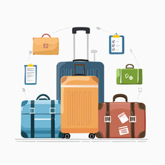 Three Stylish Suitcases in Teal, Yellow, and Brown with Clouds and Sparkles Representing Travel Preparation and Vacation Mood