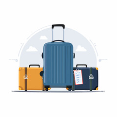 Three Stylish Suitcases in Teal, Yellow, and Brown with Clouds and Sparkles Representing Travel Preparation and Vacation Mood