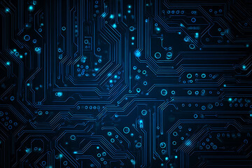 Abstract image of a glowing futuristic circuit board featuring neon blue lines, digital patterns, and intricate technology-inspired details.
