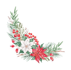 Watercolor Christmas frame, border. Traditional winter foliage - poinsettia flowers, red berries, leaves, fir branches. For designing festive card, banner, invitation. Festive Christmas design