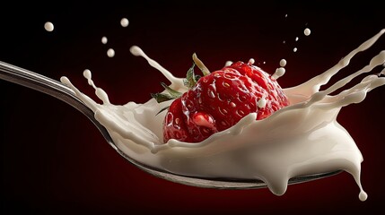 Fresh Red Strawberry Surrounded by Splashing Cream on Silver Spoon in Dark Background