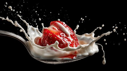 Strawberry Splash with Milk on Black Background Fresh Fruit and Dairy Drink