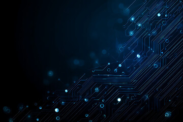 Abstract image of a glowing futuristic circuit board featuring neon blue lines, digital patterns, and intricate technology-inspired details.