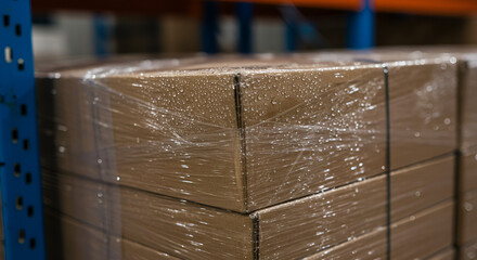 A neat stack of securely wrapped cardboard boxes rests on a blue industrial shelf in a warehouse, symbolizing efficient inventory and distribution.