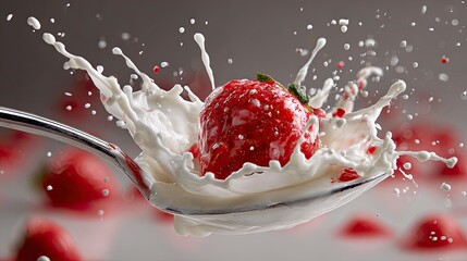 Fresh Strawberry Splash with Milk on Silver Spoon in Close Up