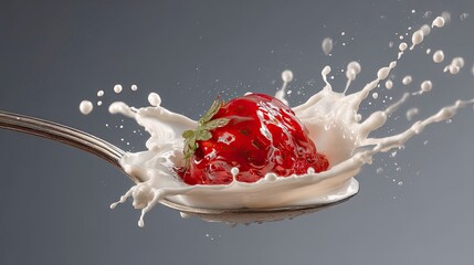 Red Strawberry Falling Into Milk Splash on Spoon in Studio Setting