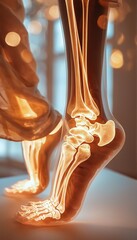 a digitally enhanced x-ray view of the bones in a human foot and ankle, with a blurred background suggesting a medical setting.