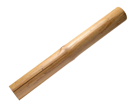 Smooth wooden dowel rod stick with subtle grain and slight notch, carpentry component on isolated background