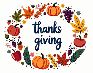 This festive autumn illustration displays 'thanks giving' surrounded by a beautiful wreath of pumpkins, leaves, grapes, and carrots.