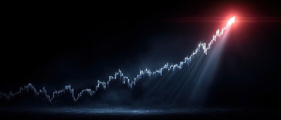 Glowing White Candlestick Stock Market Chart Ascending Upward Into Bright Red Spotlight Beam Against Dark Moody Background With Subtle Light Rays And Particles