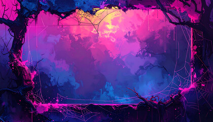 Neon forest frame spider web glowing fog purple sky pink light blue mist