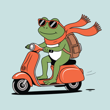 Cool Frog Riding Scooter Vector Illustration Adventure Mascot with Scarf and Backpack on Motorbike