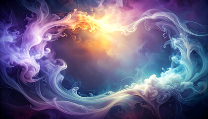 Ethereal smoke swirl, colorful nebula cloud, glowing center, abstract vapor art, dreamy atmosphere, mystical light