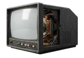 Aged dark grey crt television set, fractured casing exposing dusty internal circuitry, copper wiring, glowing red leds, on solid light grey, Concept of technological decay