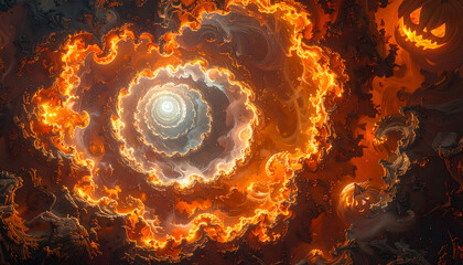 Glowing spiral vortex of molten light and carved pumpkin faces, surreal fiery fractal swirl evokes eerie wonder