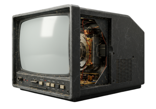 Aged dark grey crt television set, fractured casing exposing dusty internal circuitry, copper wiring, glowing red leds, on solid light grey, Concept of technological decay