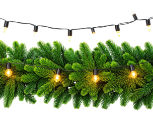 Festive garland of evergreen branches adorned with glowing string lights on black