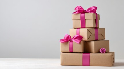 Stack of Gift Boxes Wrapped in Brown Paper with Pink Ribbons on White Surface