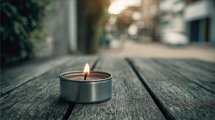 Small Metallic Candle Burning on Wooden Surface in Outdoor Setting