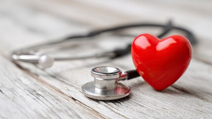 Stethoscope with Red Heart on Wooden Surface in Medical Setting