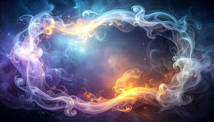 Ethereal smoke ring, glowing blue smoke, glowing orange smoke, abstract nebula, swirling vapor, fantasy background