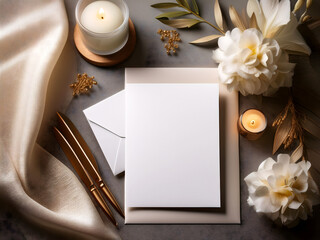 Elegant White Rose and Palm Wedding Invitation Mockup