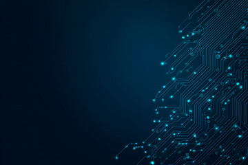 Abstract image of a glowing futuristic circuit board featuring neon blue lines, digital patterns, and intricate technology-inspired details.