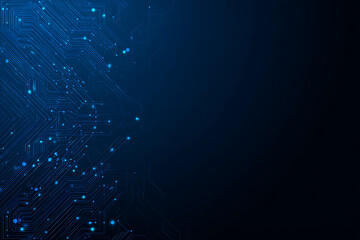 Abstract image of a glowing futuristic circuit board featuring neon blue lines, digital patterns, and intricate technology-inspired details.