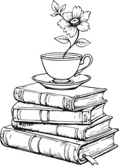 Vintage books with teacup and flower vector illustration symbolizing knowledge, comfort, and nature